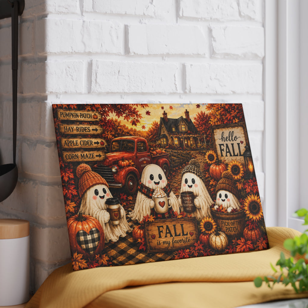 Cute Ghosts Fall Scene Glass Cutting Board | Hello Fall Pumpkin Harvest