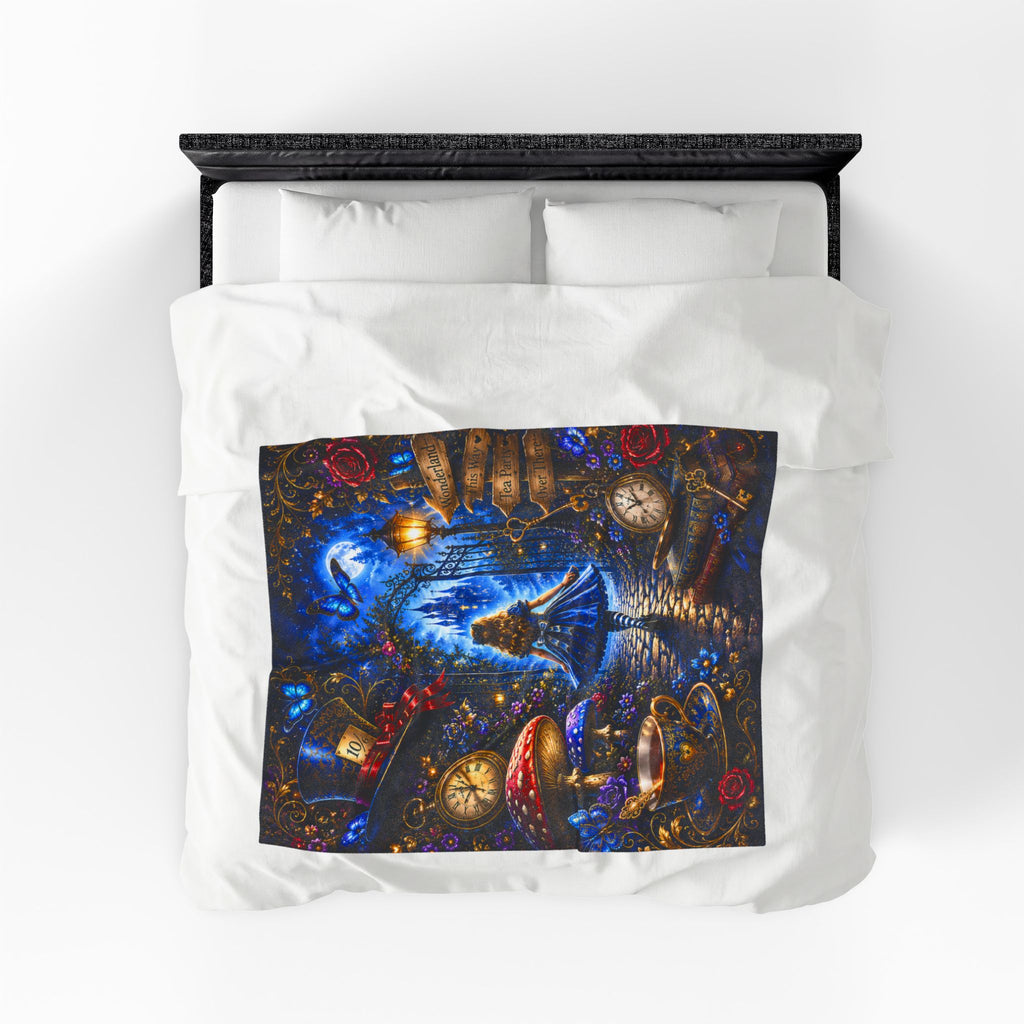 Alice in Wonderland Illustration Velveteen Plush Blanket | Fantasy Tea Party, Clockwork, Moonlit Path