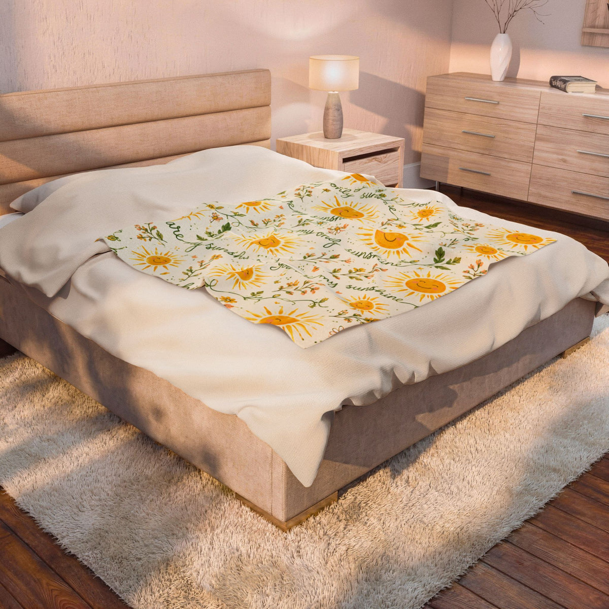 You Are My Sunshine Velveteen Plush Blanket | Smiling Sun Floral Pattern