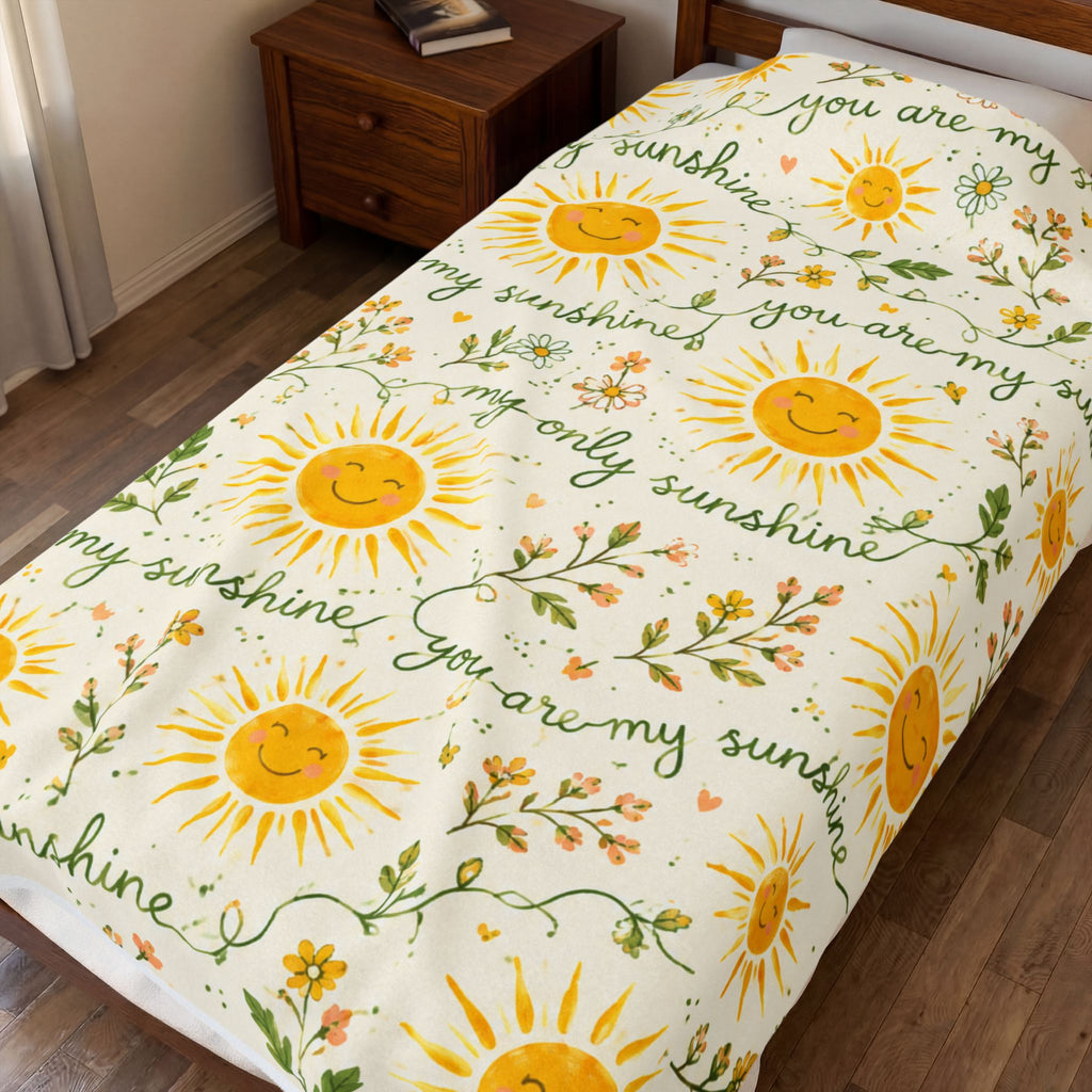You Are My Sunshine Velveteen Plush Blanket | Smiling Sun Floral Pattern