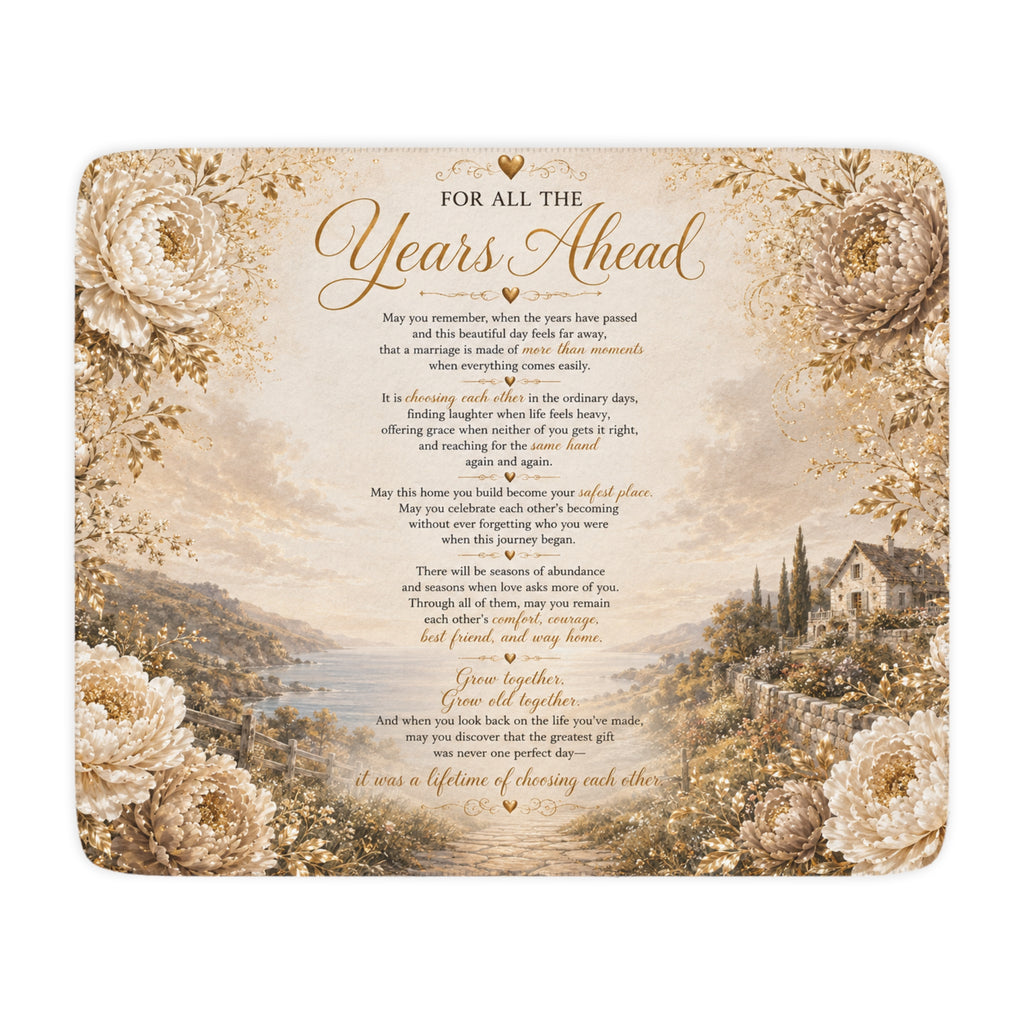 Wedding Gift For All The Years Ahead Poem Tan Sherpa Blanket | Cozy Lakehouse Landscape Throw