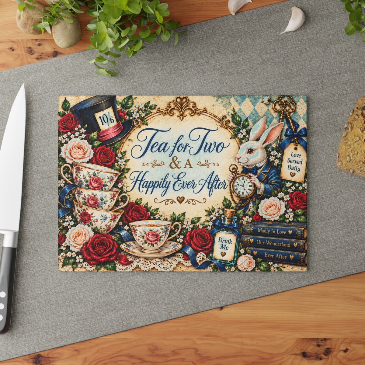 Tea for Two Alice in Wonderland Glass Cutting Board | White Rabbit, Teacups, Vintage Floral