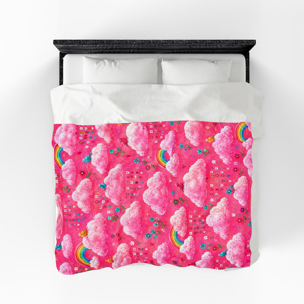 Pink Cloud Rainbow Pattern Blanket | Cute Birds Flowers Velveteen Plush