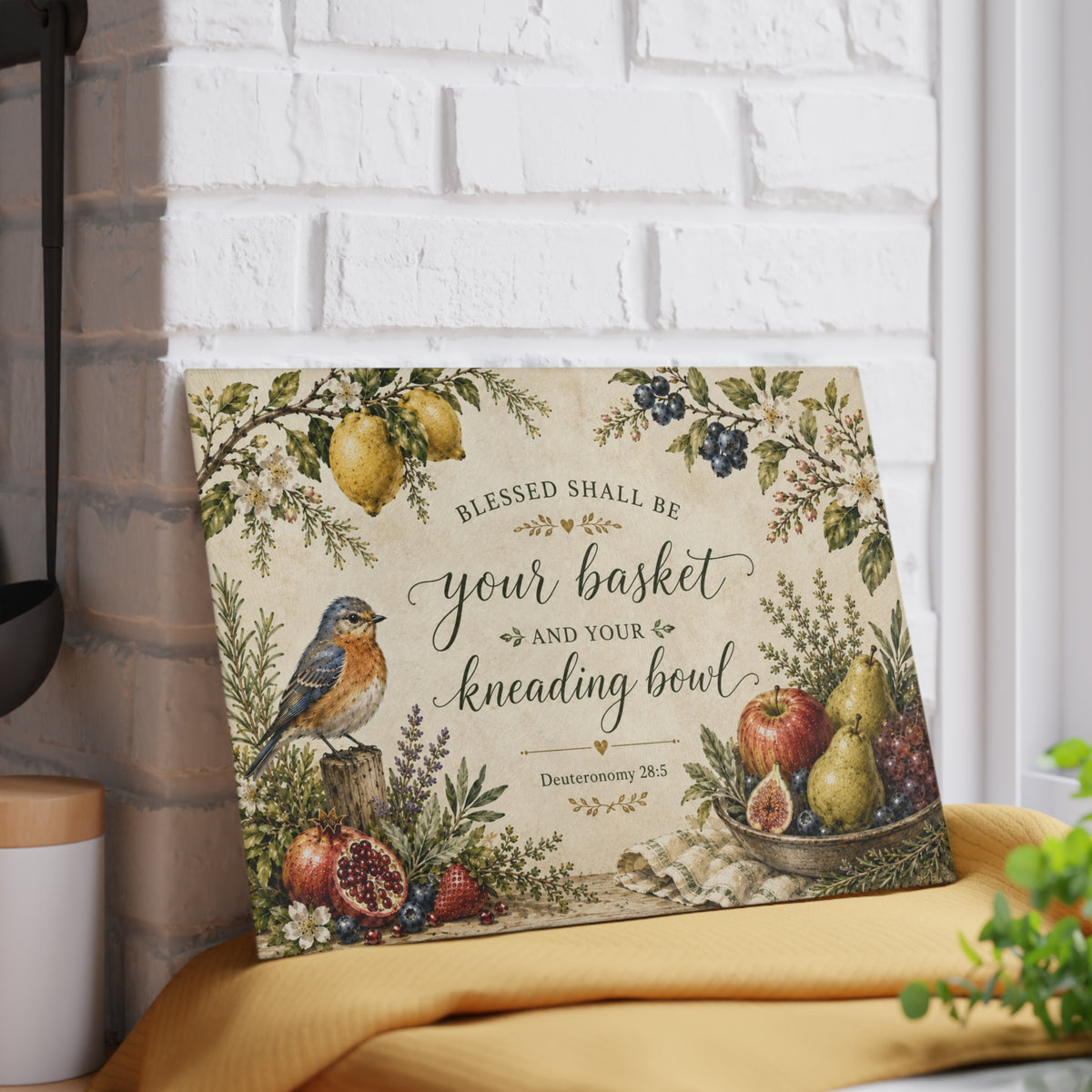 Blessed Shall Be Your Basket and Kneading Bowl Glass Cutting Board | Fruit & Robin Kitchen Decor