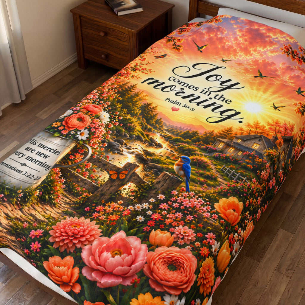 Joy Comes in the Morning Velveteen Plush Blanket | Psalm 30:5 Floral Cottage Scene