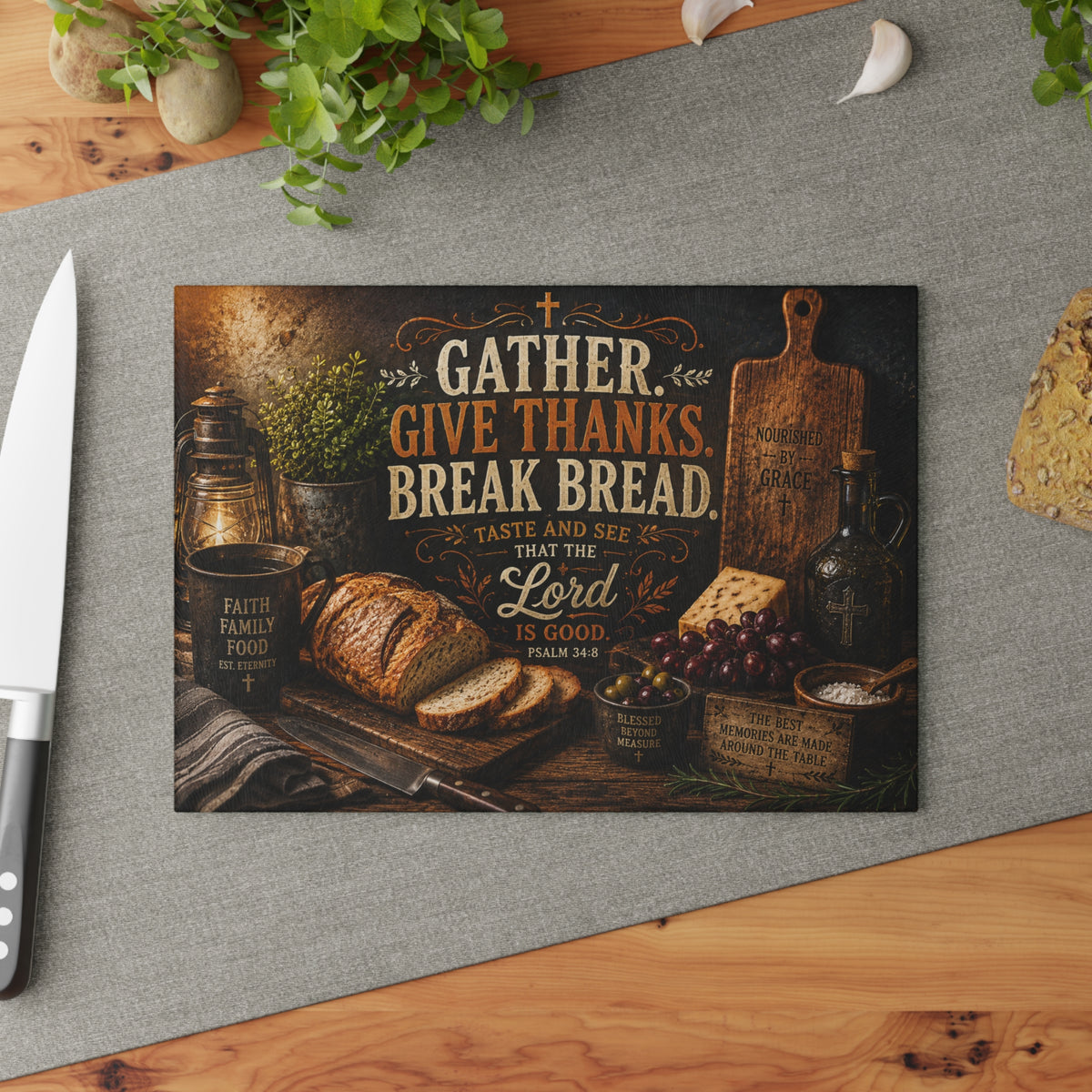 Gather Give Thanks Break Bread Glass Cutting Board | Rustic Farmhouse Kitchen Decor