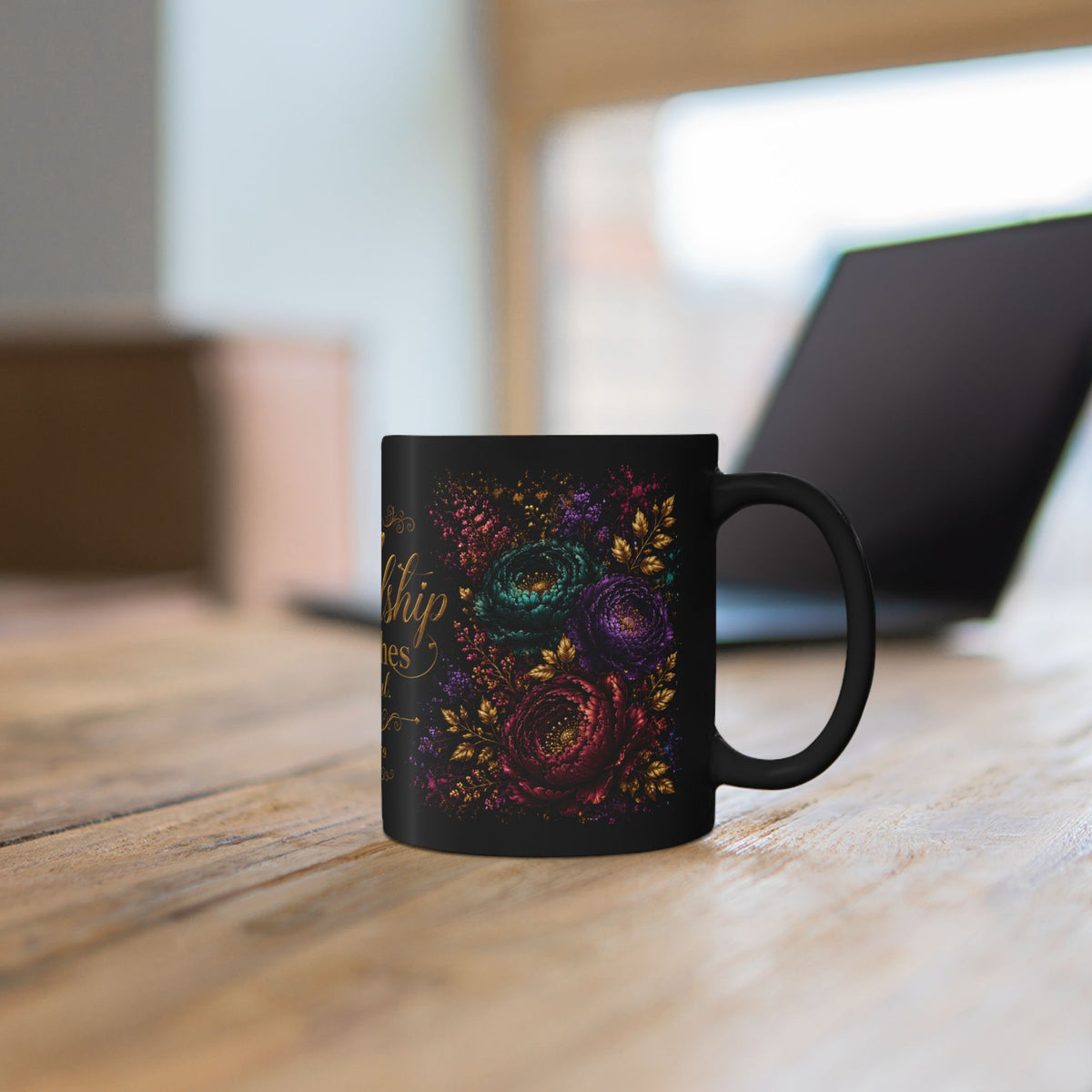 Sweet Friendship Refreshes the Soul Mug | Black Floral Scripture Coffee Mug