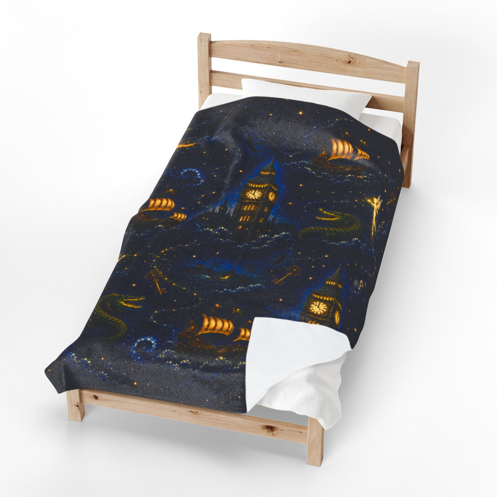 Peter Pan Inspired Vintage Night Sky Pirate Ship Blanket | Big Ben, Crescent Moon, Stars
