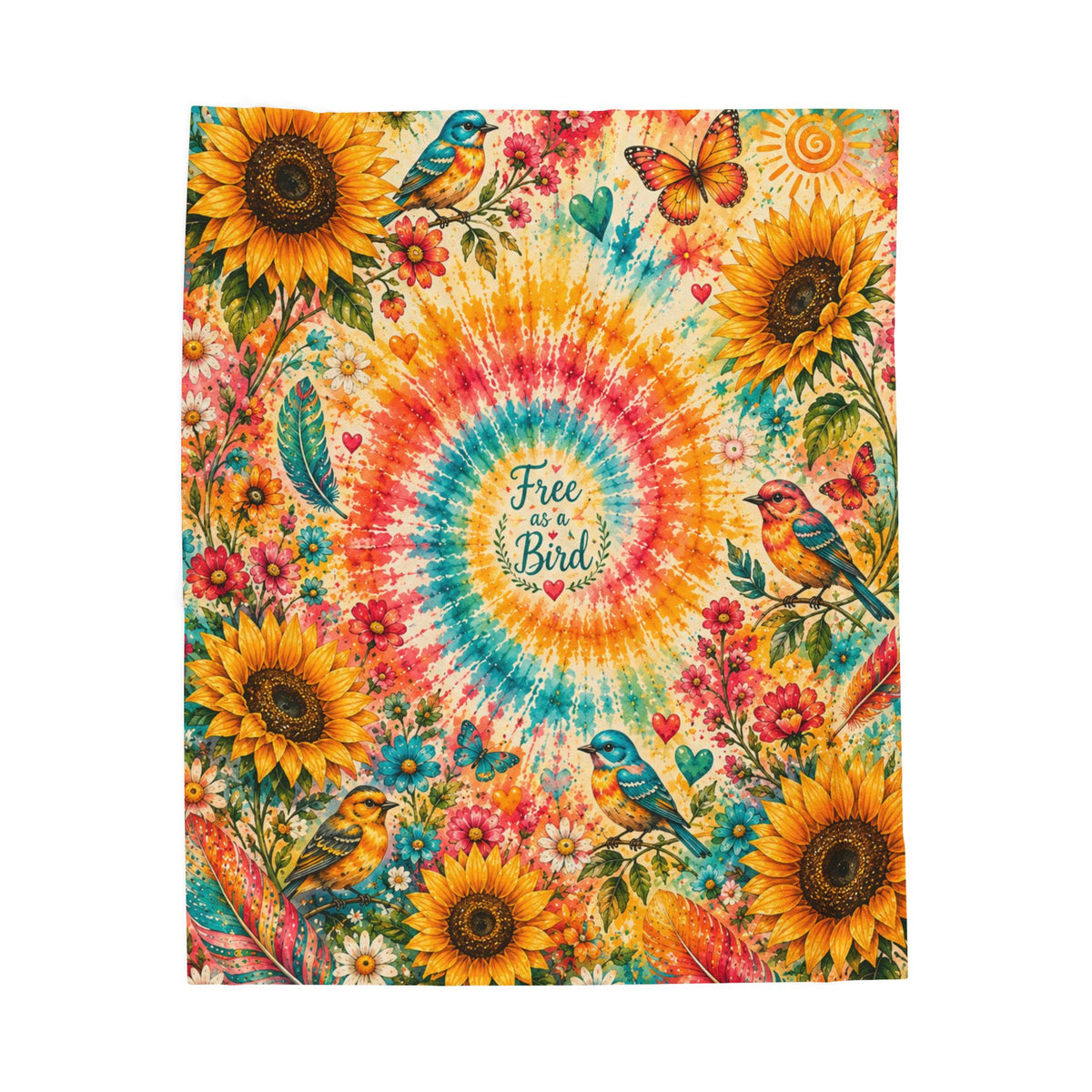 Tie-Dye Sunflower Free Bird Velveteen Blanket | Boho Birds & Butterflies