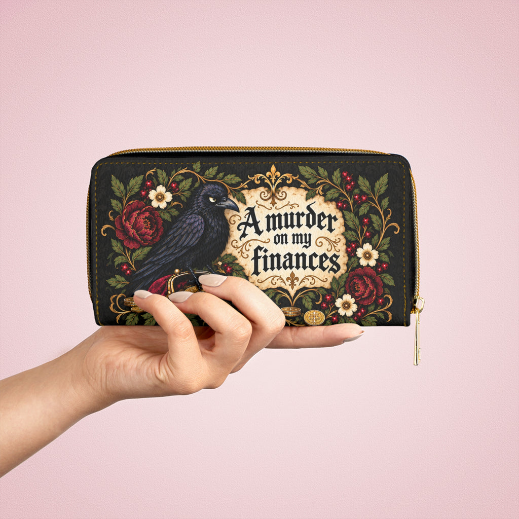 A Murder on My Finances Zipper Wallet | Raven, Coins, Floral Gothic Design