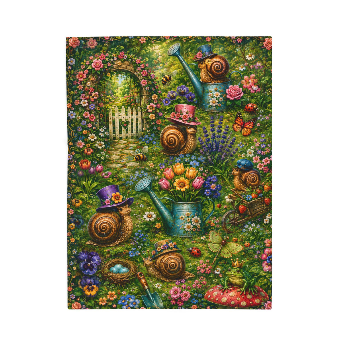 Spring Garden Snail Cottage pattern Blanket | whimsical floral, watering cans, bluebirds