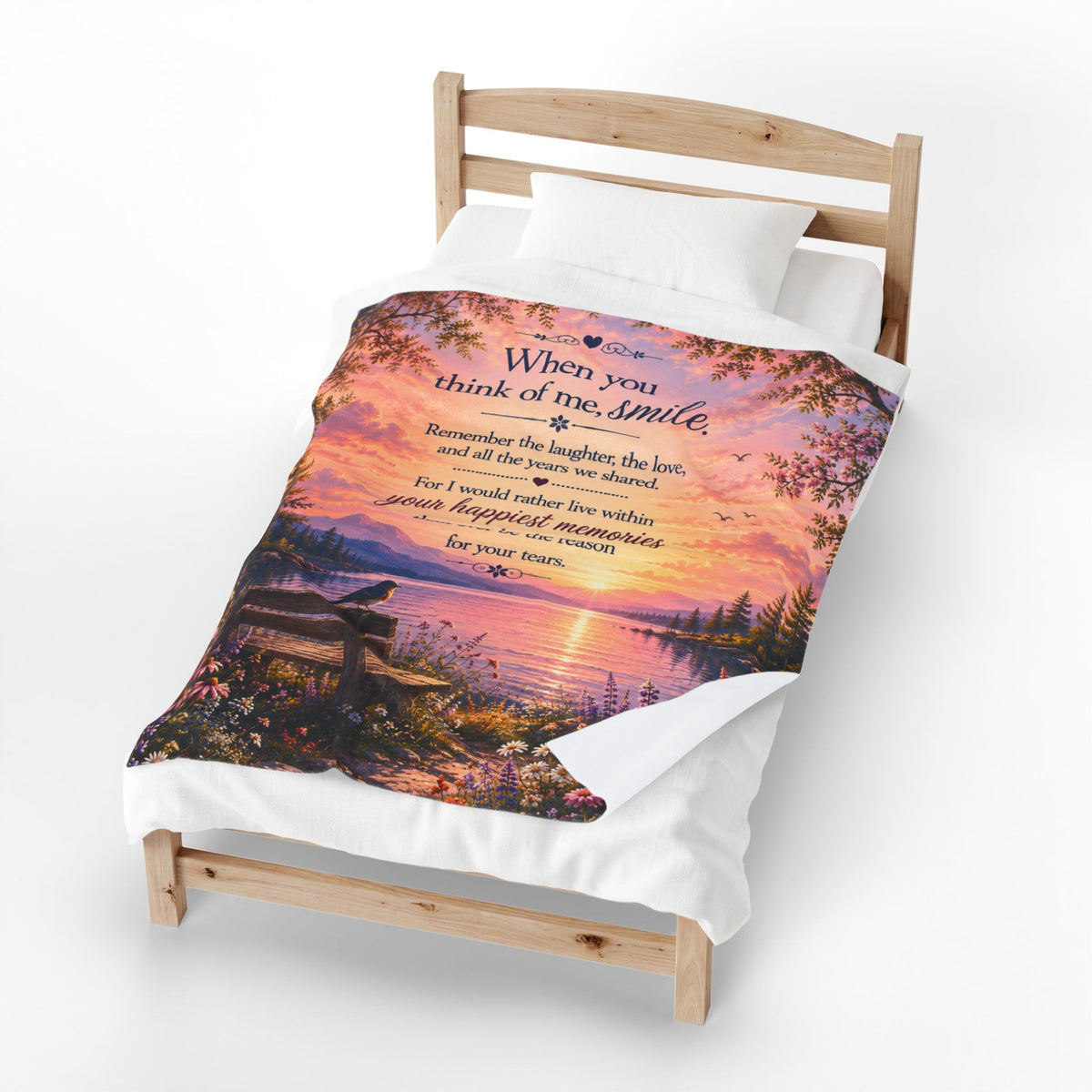 When You Think of Me Smile Velveteen Plush Blanket | Sunset Lake Memorial Scene