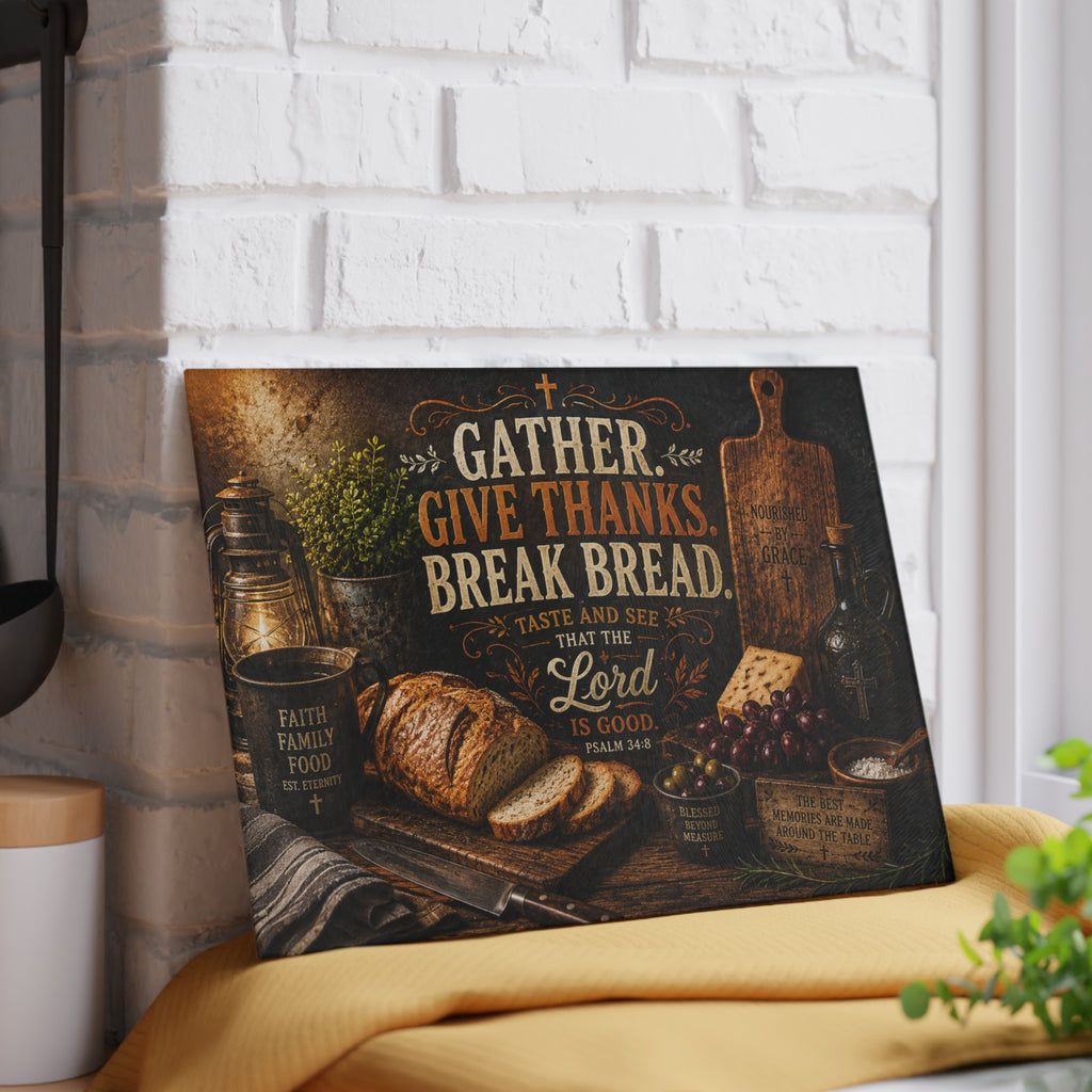 Gather Give Thanks Break Bread Glass Cutting Board | Rustic Farmhouse Kitchen Decor