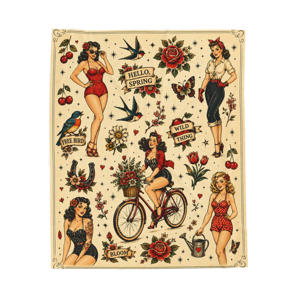Vintage Pinup Girls Velveteen Plush Blanket | Tattoo Flash Floral Design