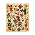 Vintage Pinup Girls Velveteen Plush Blanket | Tattoo Flash Floral Design