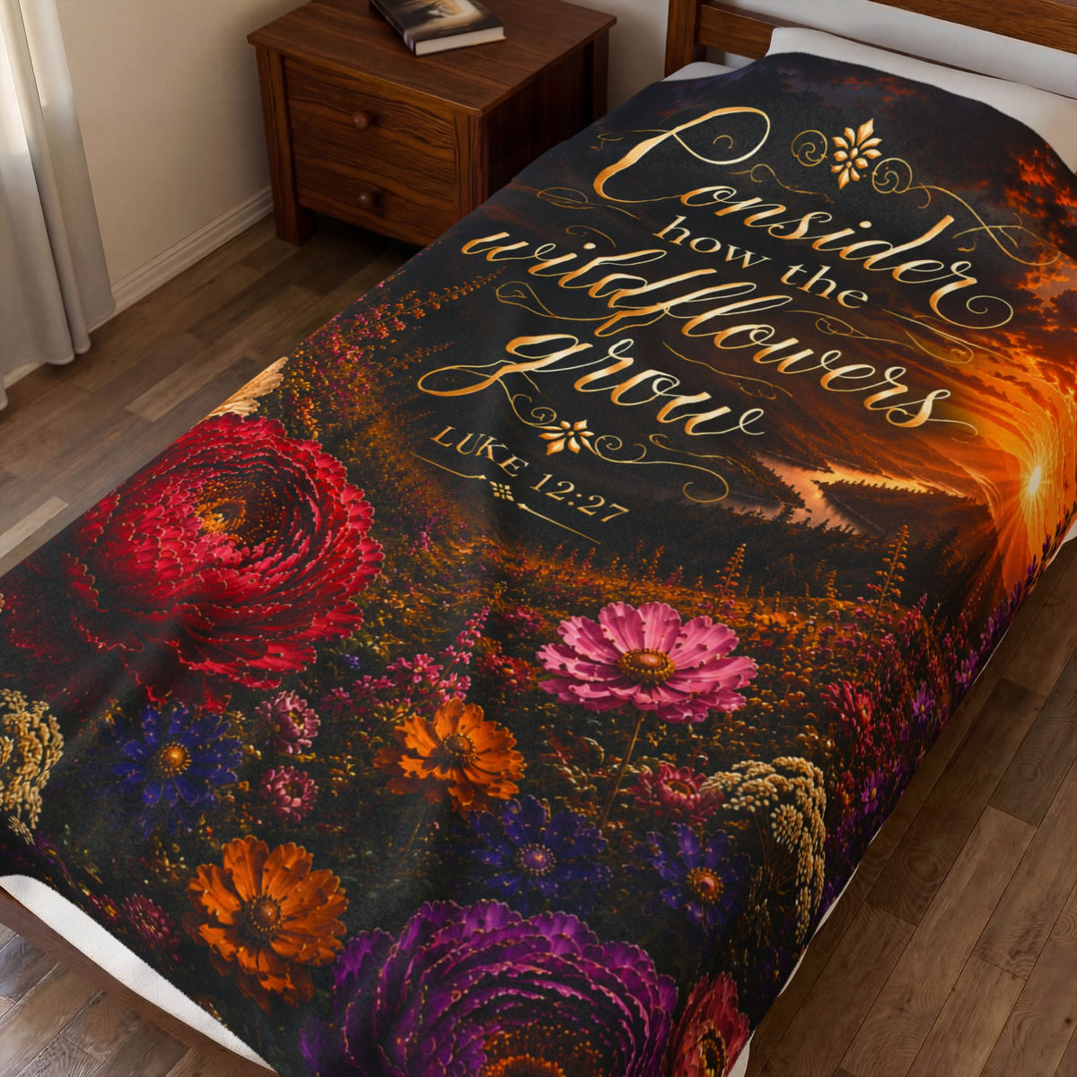 Consider How the Wildflowers Grow Velveteen Plush Blanket | Luke 12:27 floral sunrise