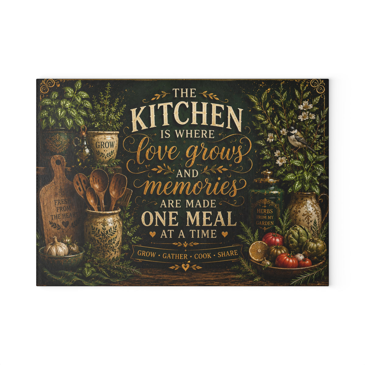 Kitchen Love Grows Memories glass cutting board | farmhouse kitchen decor
