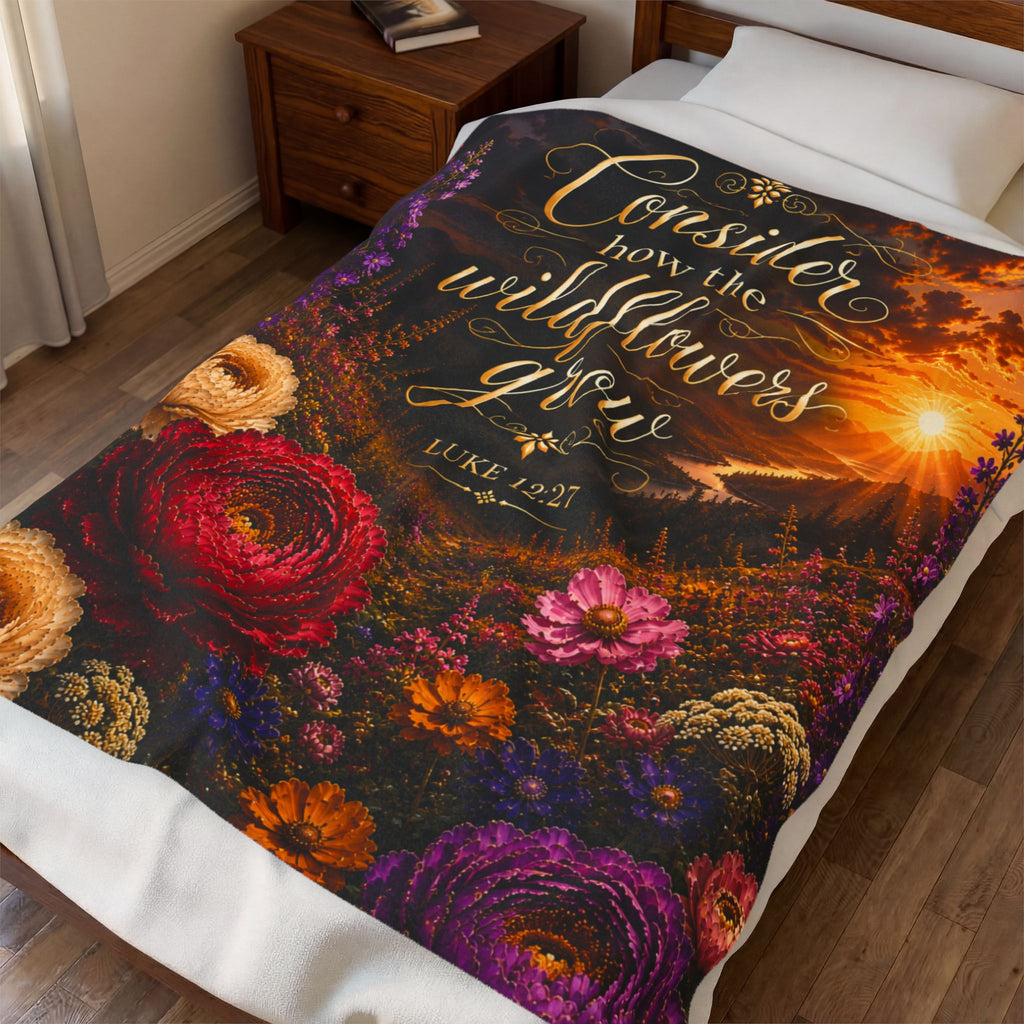 Consider How the Wildflowers Grow Velveteen Plush Blanket | Luke 12:27 floral sunrise