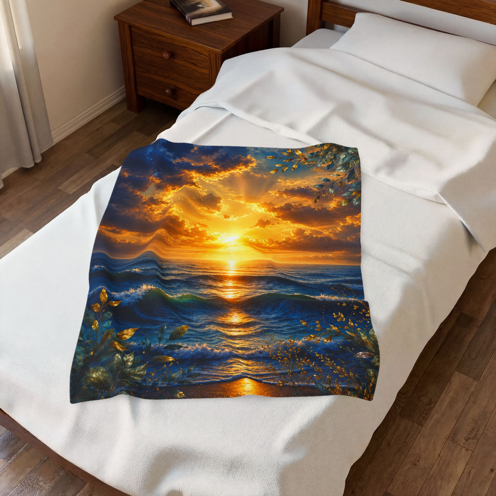 Sunset Ocean Sunrise Blanket | Seascape Waves, Golden Sky
