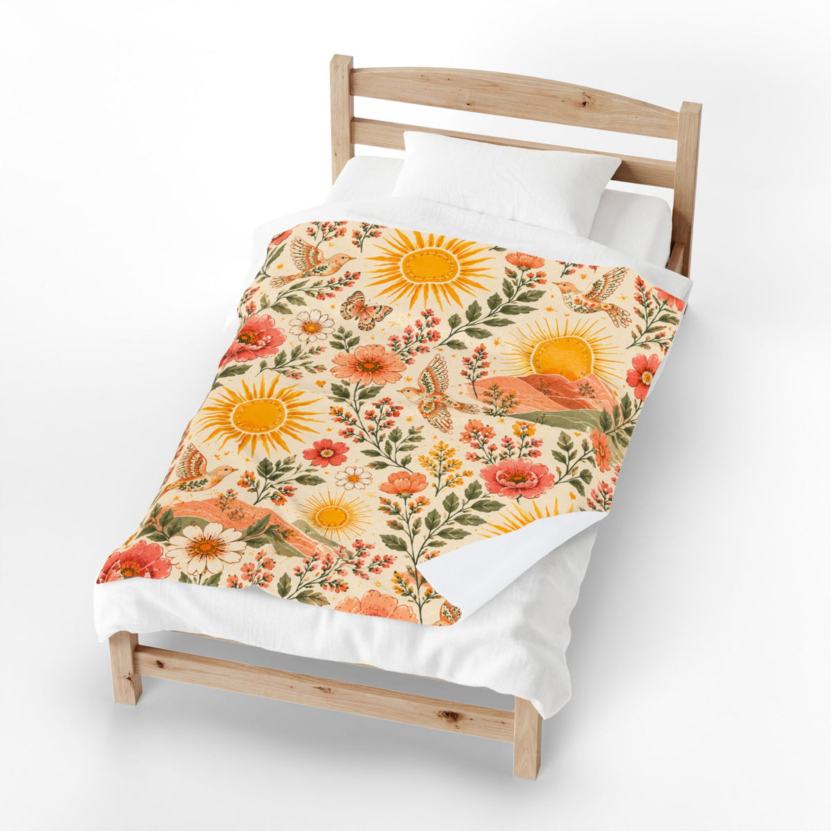 Sunshine Floral Meadow Velveteen Blanket | Retro Sunflowers & Butterflies