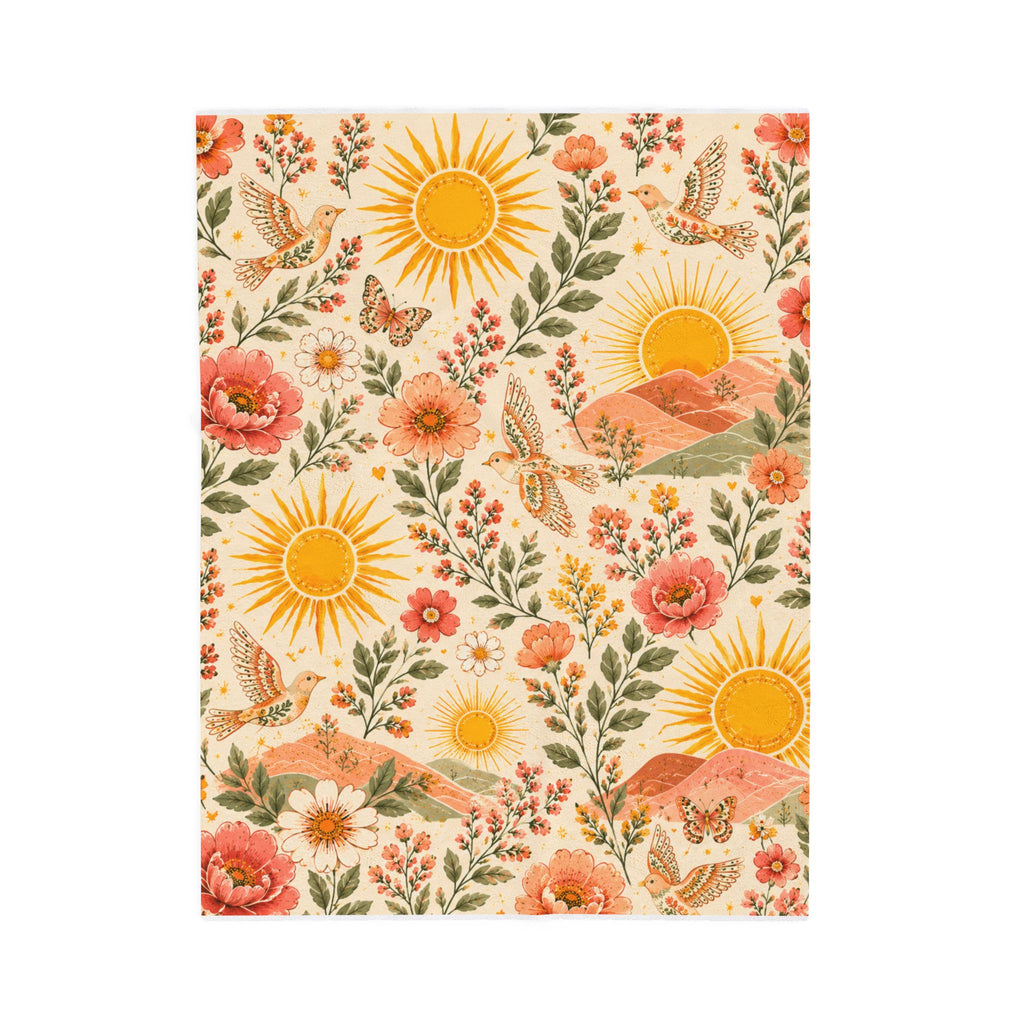 Sunshine Floral Meadow Velveteen Blanket | Retro Sunflowers & Butterflies