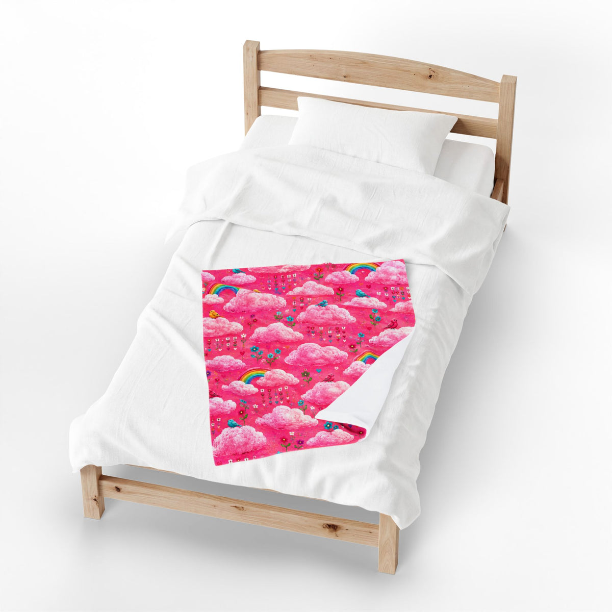 Pink Cloud Rainbow Pattern Blanket | Cute Birds Flowers Velveteen Plush