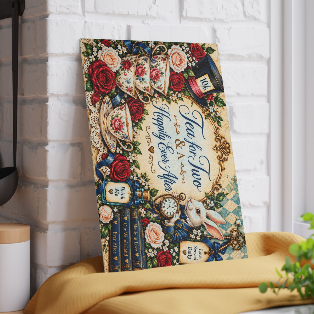 Tea for Two Alice in Wonderland Glass Cutting Board | White Rabbit, Teacups, Vintage Floral
