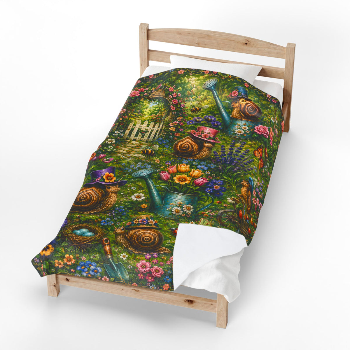 Spring Garden Snail Cottage pattern Blanket | whimsical floral, watering cans, bluebirds