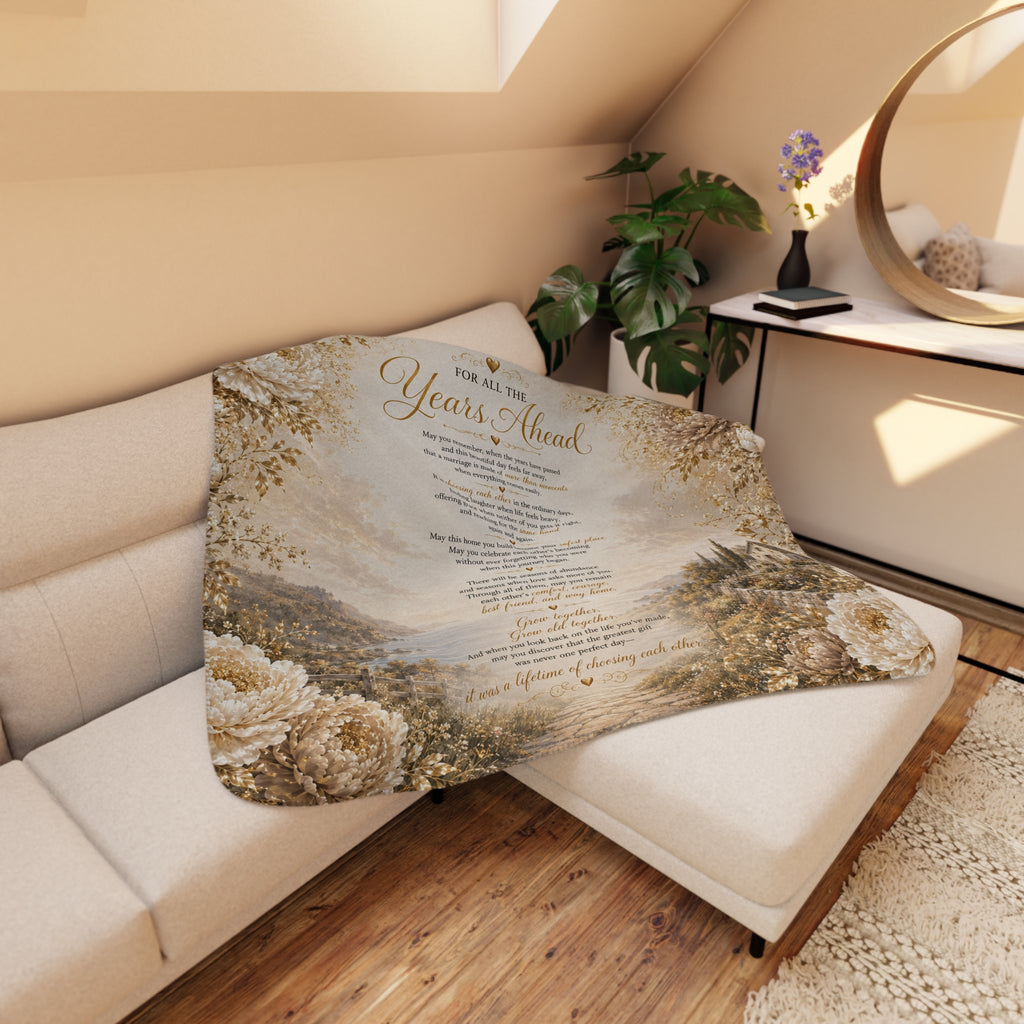 Wedding Gift For All The Years Ahead Poem Tan Sherpa Blanket | Cozy Lakehouse Landscape Throw