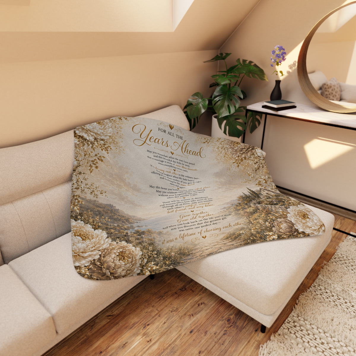 Wedding Gift For All The Years Ahead Poem Tan Sherpa Blanket | Cozy Lakehouse Landscape Throw