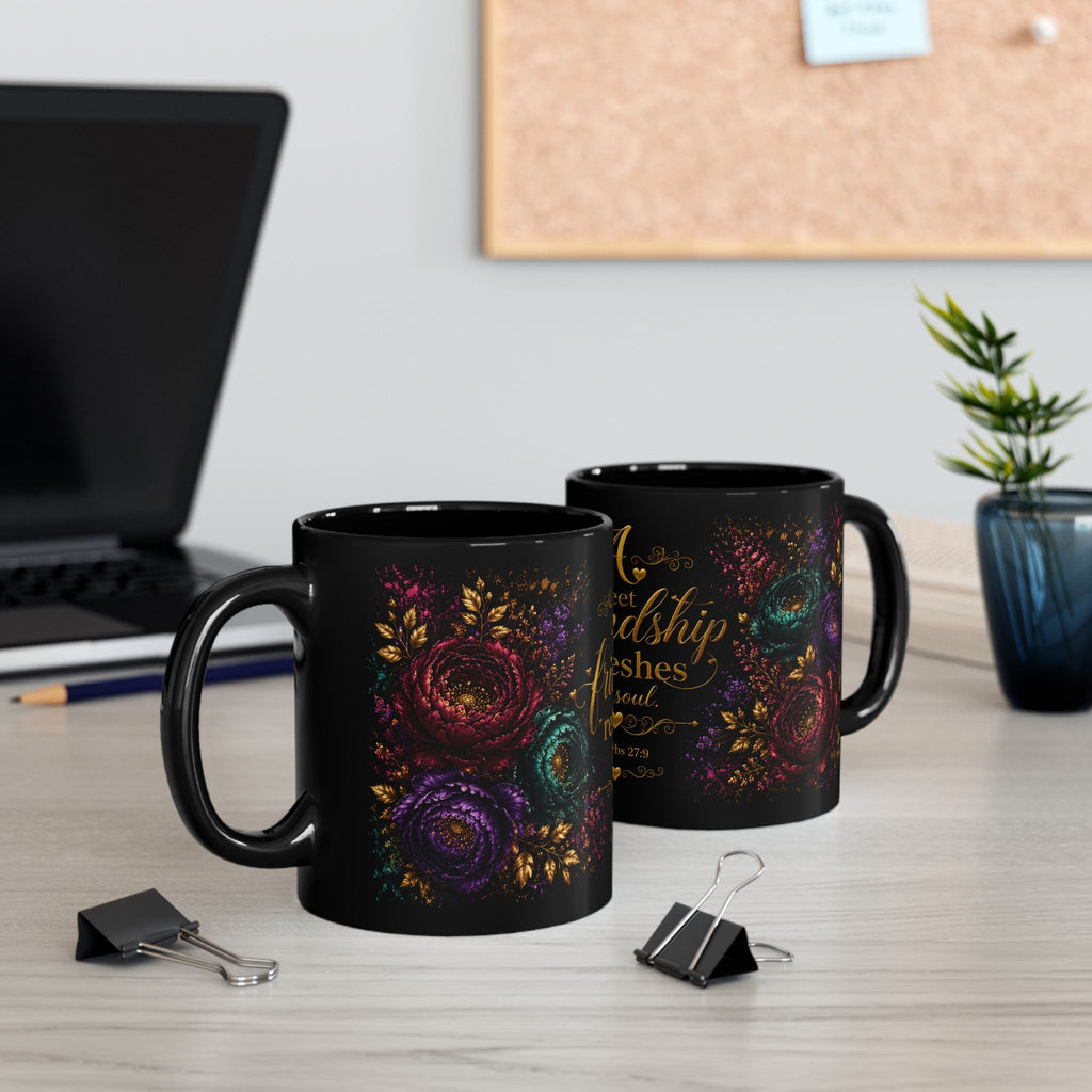 Sweet Friendship Refreshes the Soul Mug | Black Floral Scripture Coffee Mug