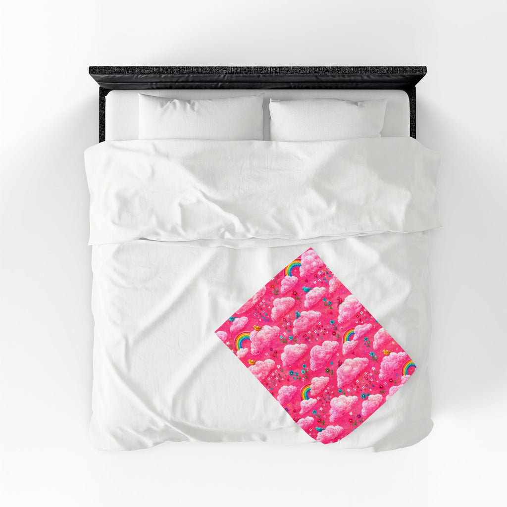 Pink Cloud Rainbow Pattern Blanket | Cute Birds Flowers Velveteen Plush