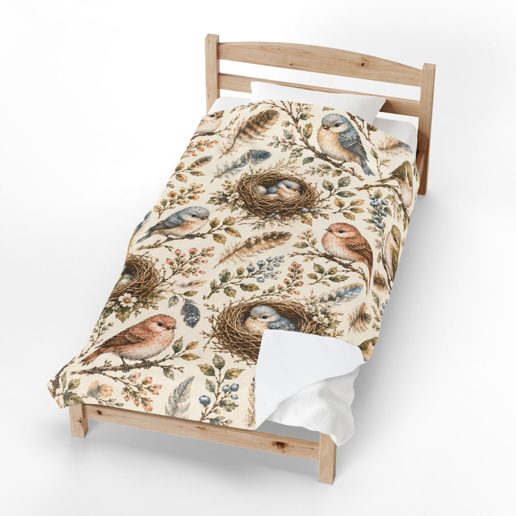 Little Nest Vintage Songbirds Nest Pattern Velveteen Plush Blanket | Woodland Bird Illustration