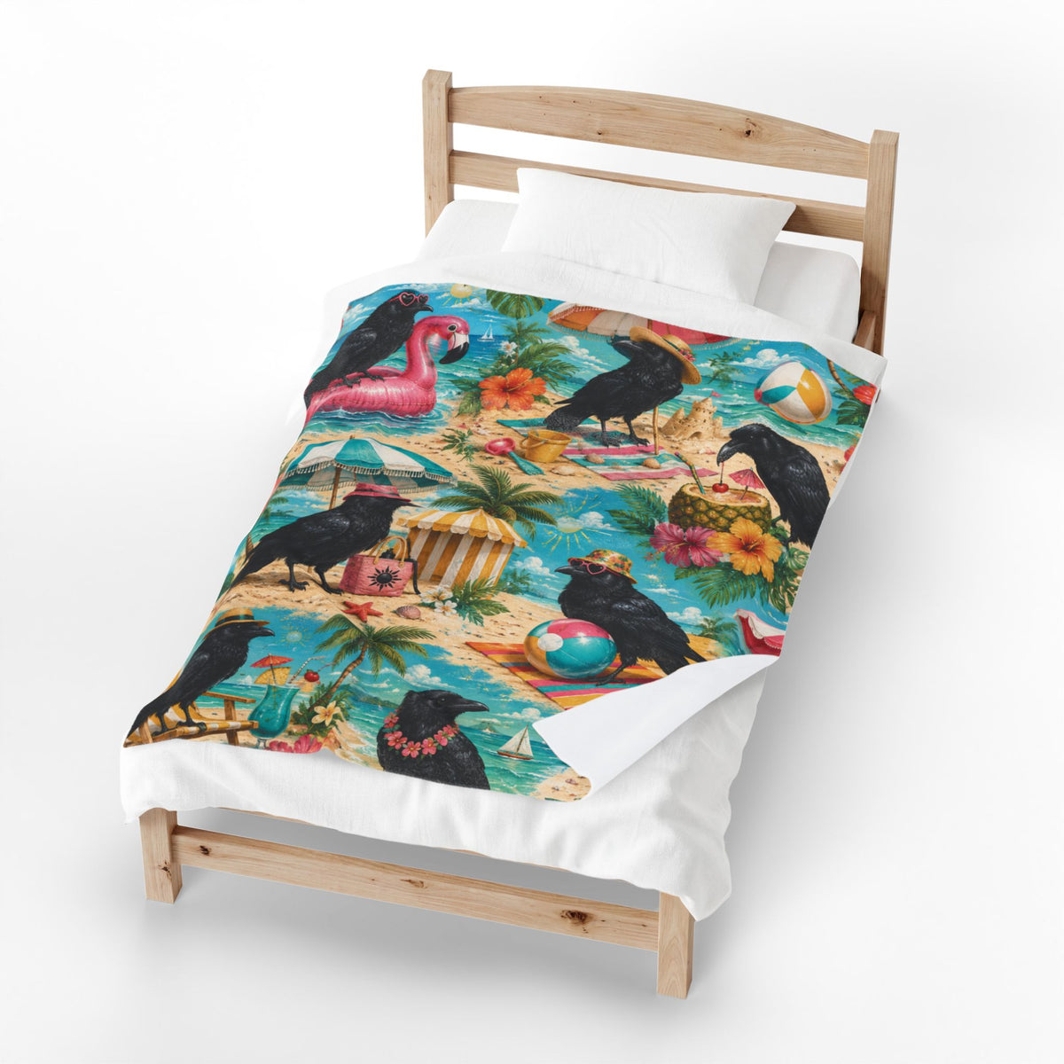 Beach Crows Pattern Velveteen Plush Blanket | Tropical Crow Beach Scene