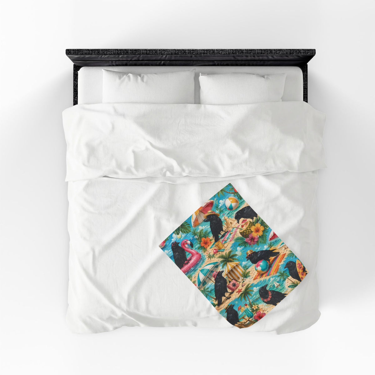 Beach Crows Pattern Velveteen Plush Blanket | Tropical Crow Beach Scene