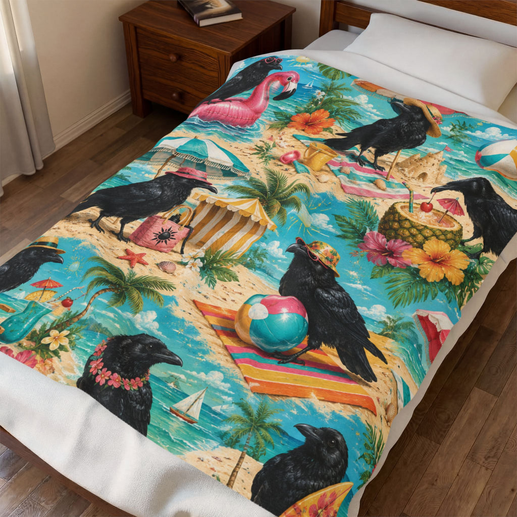 Beach Crows Pattern Velveteen Plush Blanket | Tropical Crow Beach Scene