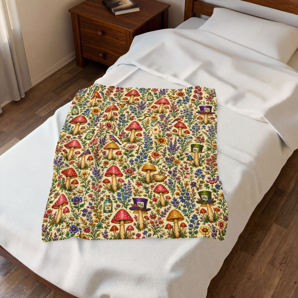 Whimsical Alice Mushroom Garden Velveteen Plush Blanket | Floral Fungi Pattern