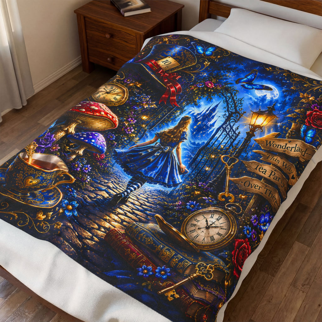 Alice in Wonderland Illustration Velveteen Plush Blanket | Fantasy Tea Party, Clockwork, Moonlit Path