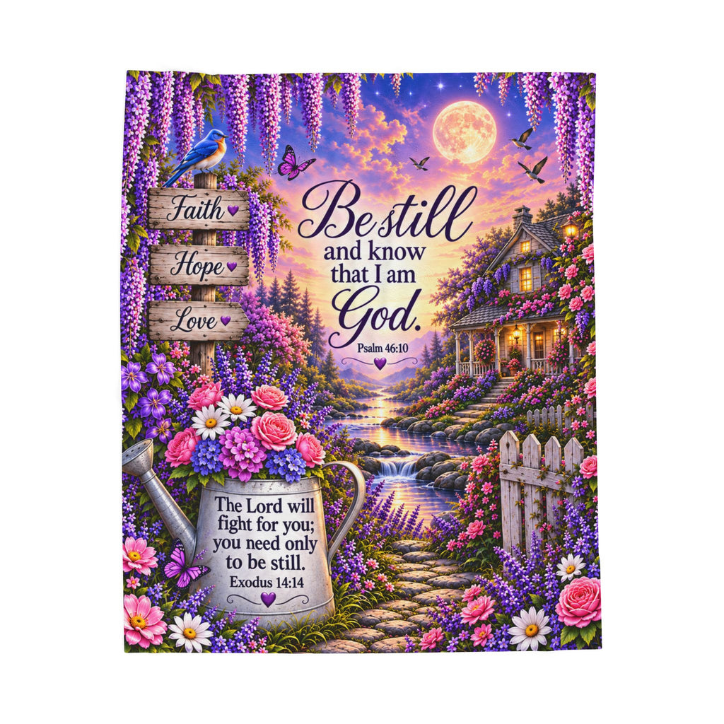 Be Still and Know I Am God blanket | Floral Cottage Scripture Velveteen Plush