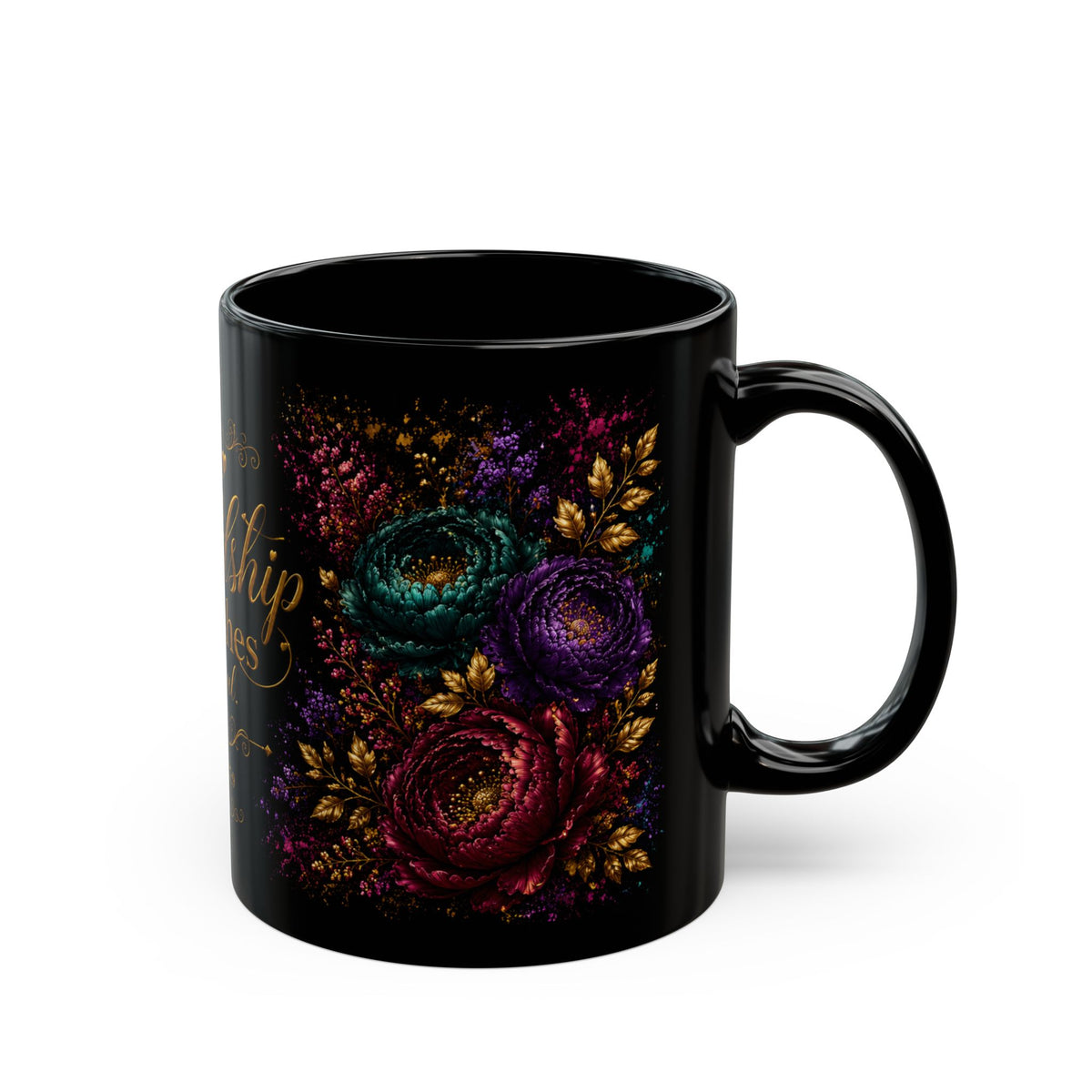 Sweet Friendship Refreshes the Soul Mug | Black Floral Scripture Coffee Mug