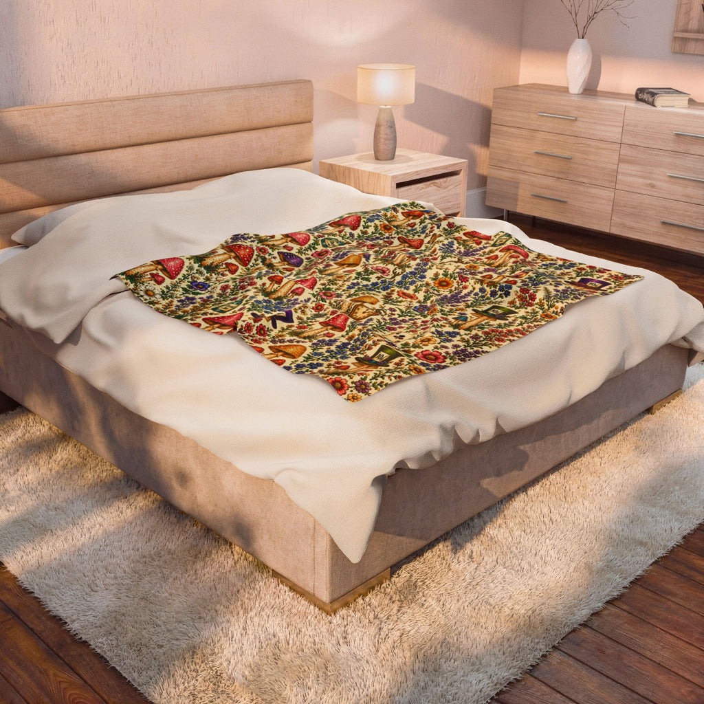 Whimsical Alice Mushroom Garden Velveteen Plush Blanket | Floral Fungi Pattern