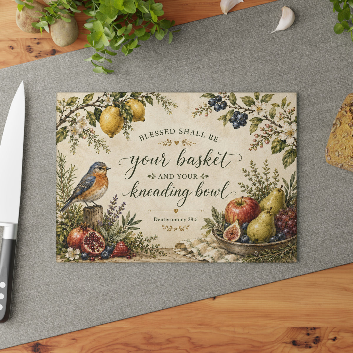 Blessed Shall Be Your Basket and Kneading Bowl Glass Cutting Board | Fruit & Robin Kitchen Decor