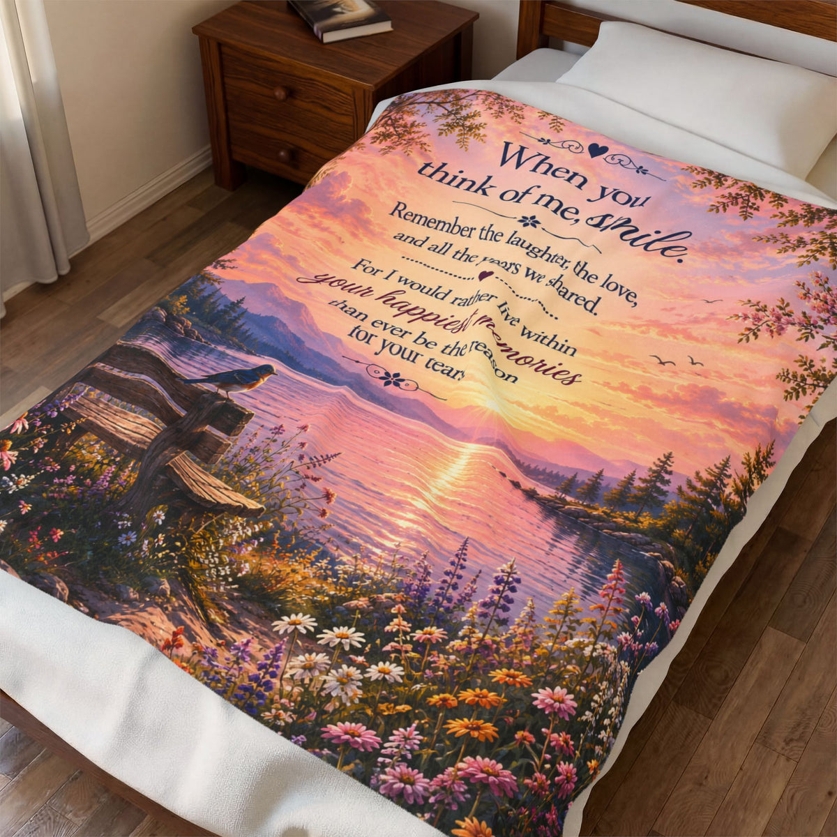 When You Think of Me Smile Velveteen Plush Blanket | Sunset Lake Memorial Scene