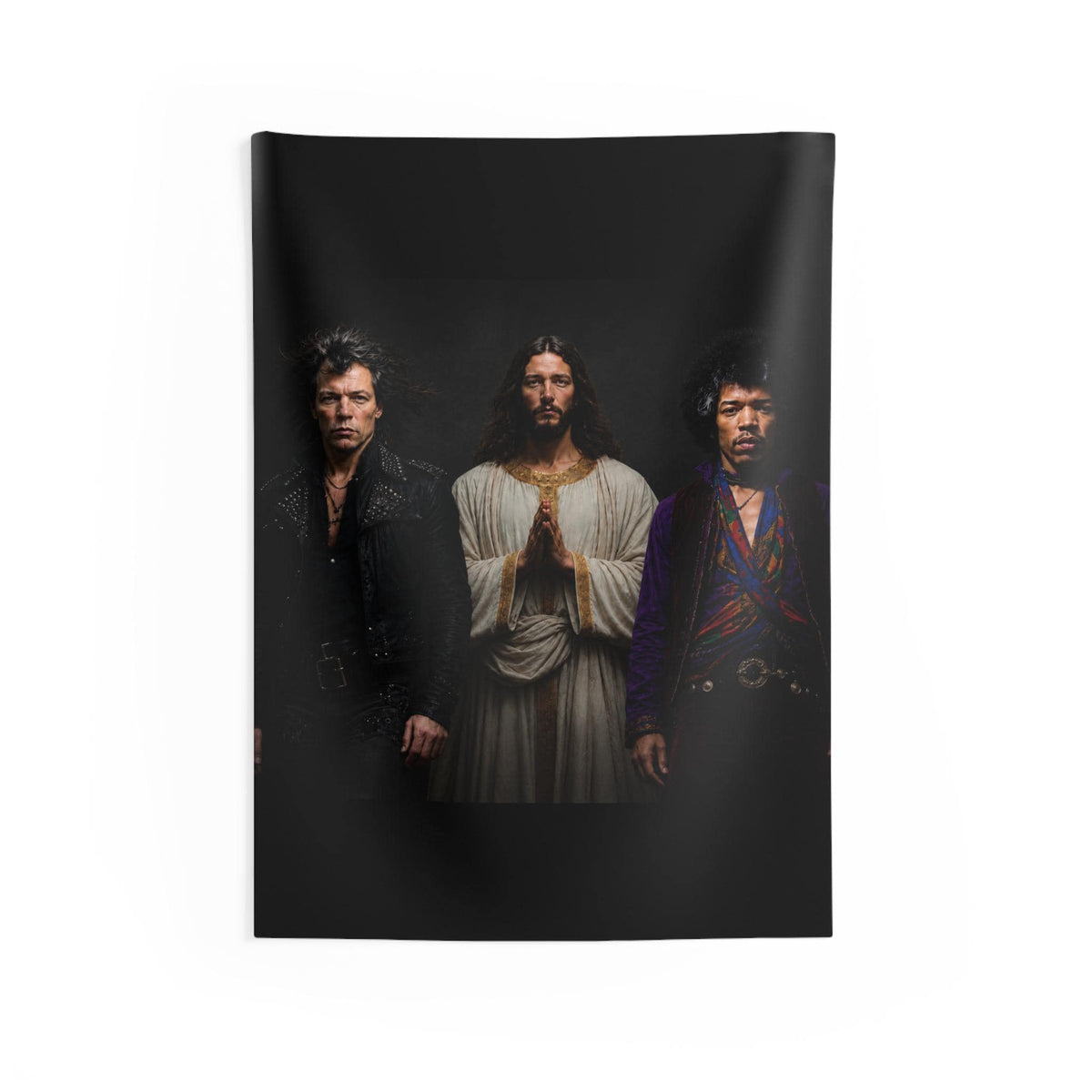 Triston Original- Prayerful Figure with Two Musicians Indoor Wall Tapestry | Dark Portrait Art