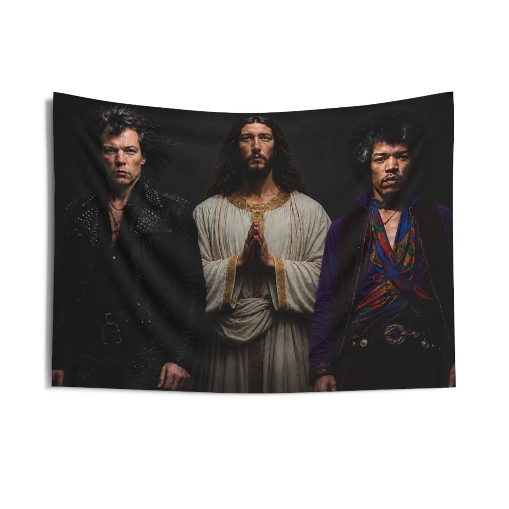 Triston Original- Prayerful Figure with Two Musicians Indoor Wall Tapestry | Dark Portrait Art