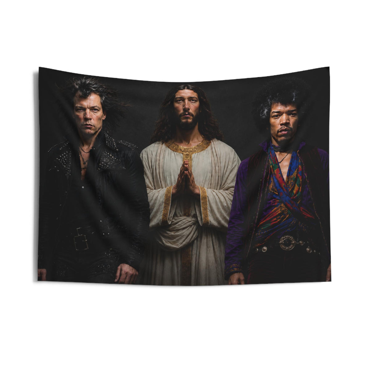 Triston Original- Prayerful Figure with Two Musicians Indoor Wall Tapestry | Dark Portrait Art