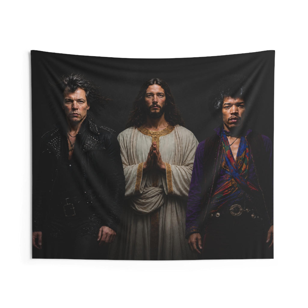 Triston Original- Prayerful Figure with Two Musicians Indoor Wall Tapestry | Dark Portrait Art
