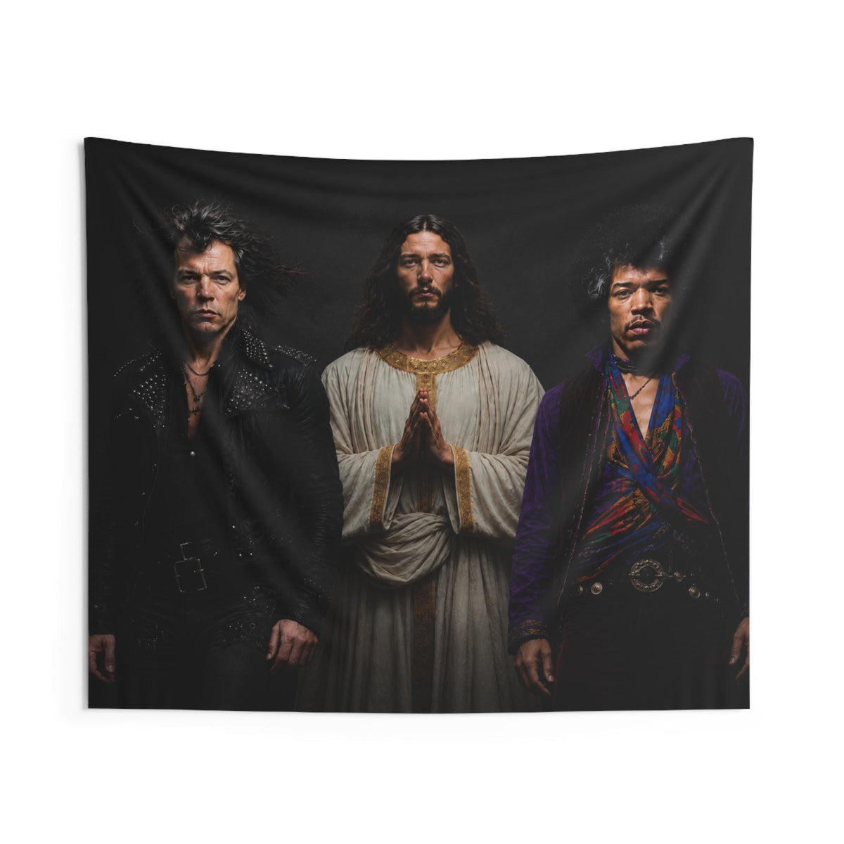 Triston Original- Prayerful Figure with Two Musicians Indoor Wall Tapestry | Dark Portrait Art