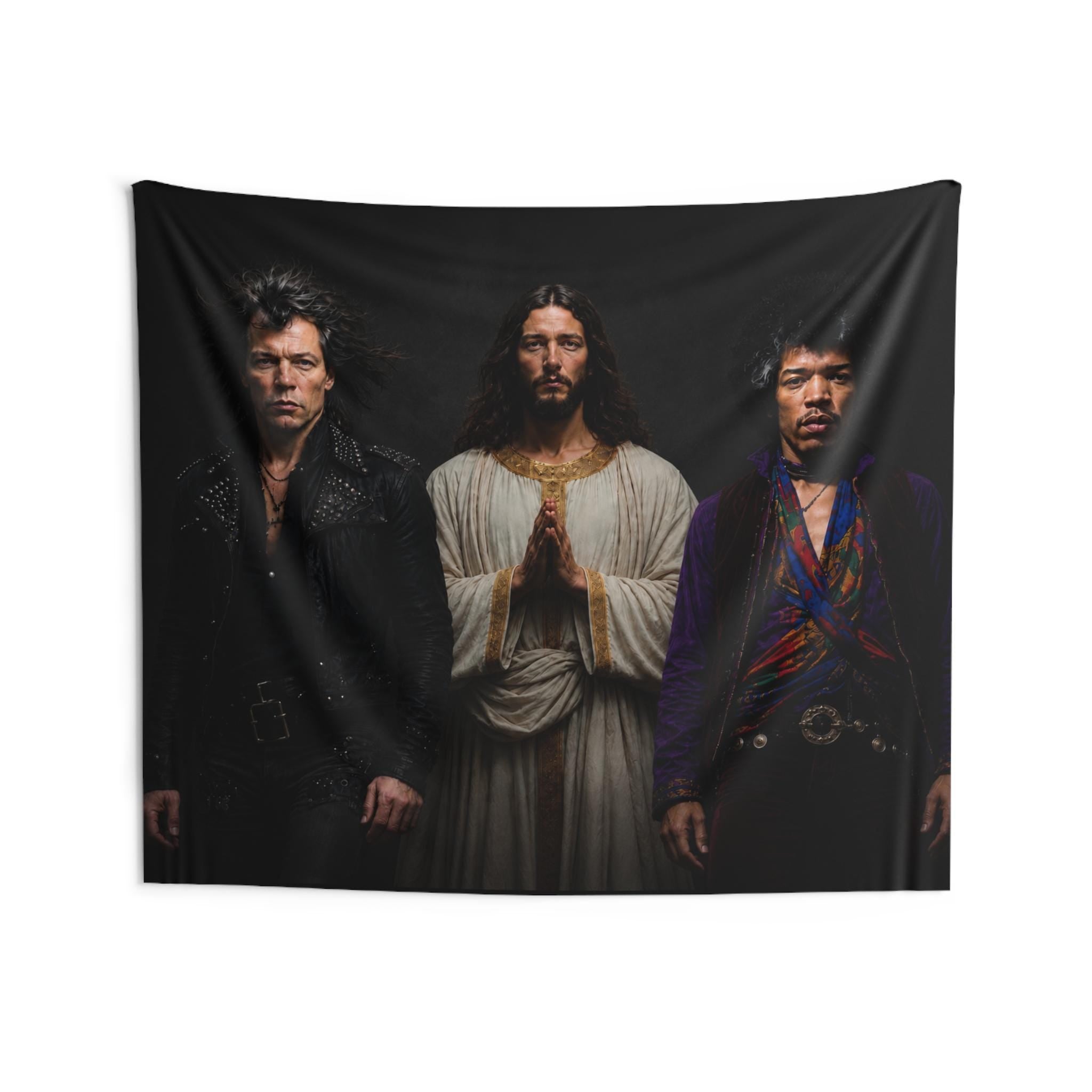 Triston Original- Prayerful Figure with Two Musicians Indoor Wall Tapestry | Dark Portrait Art