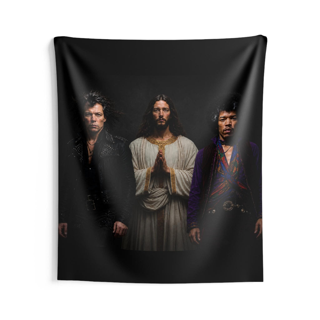 Triston Original- Prayerful Figure with Two Musicians Indoor Wall Tapestry | Dark Portrait Art